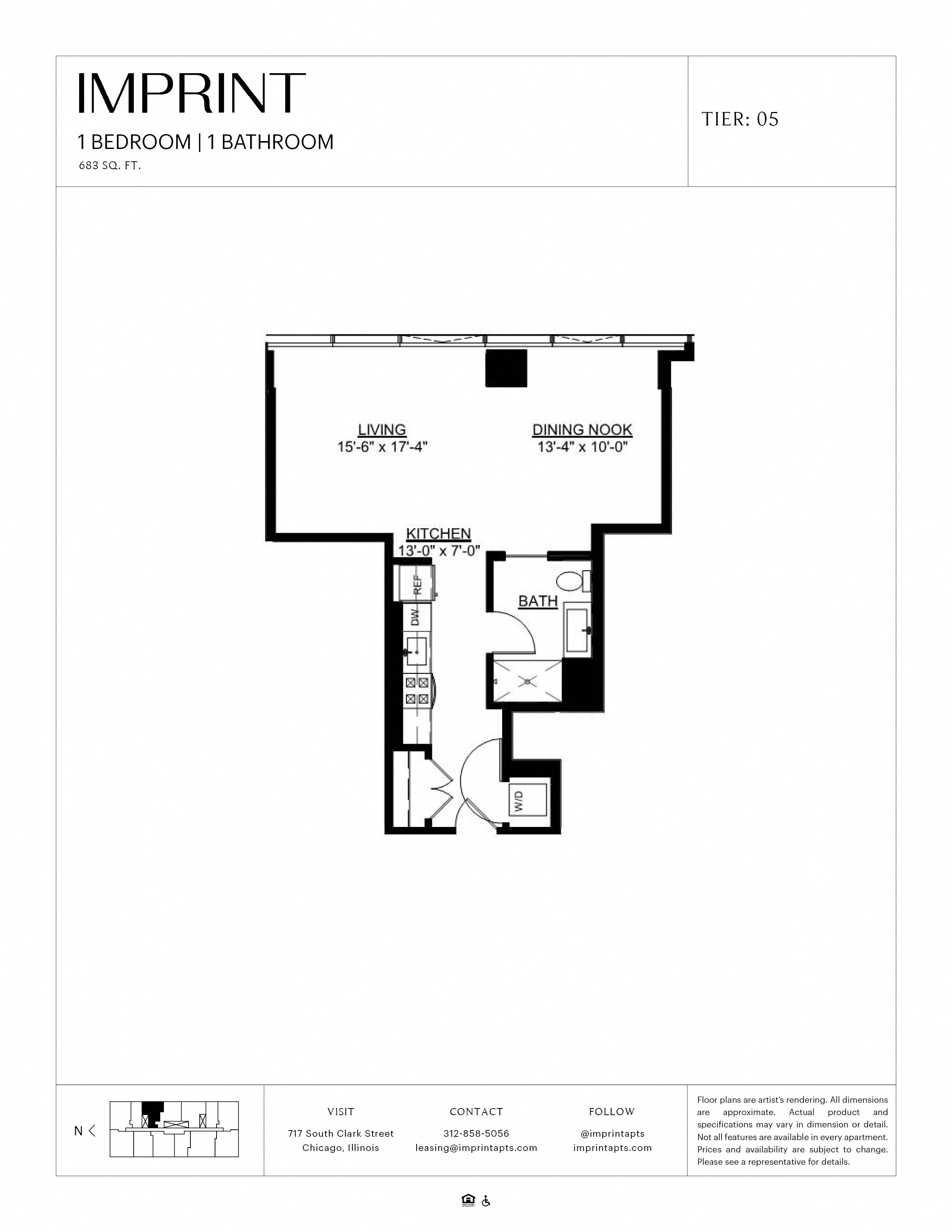 Floor plan for studio, 1 bath, 683 sqft